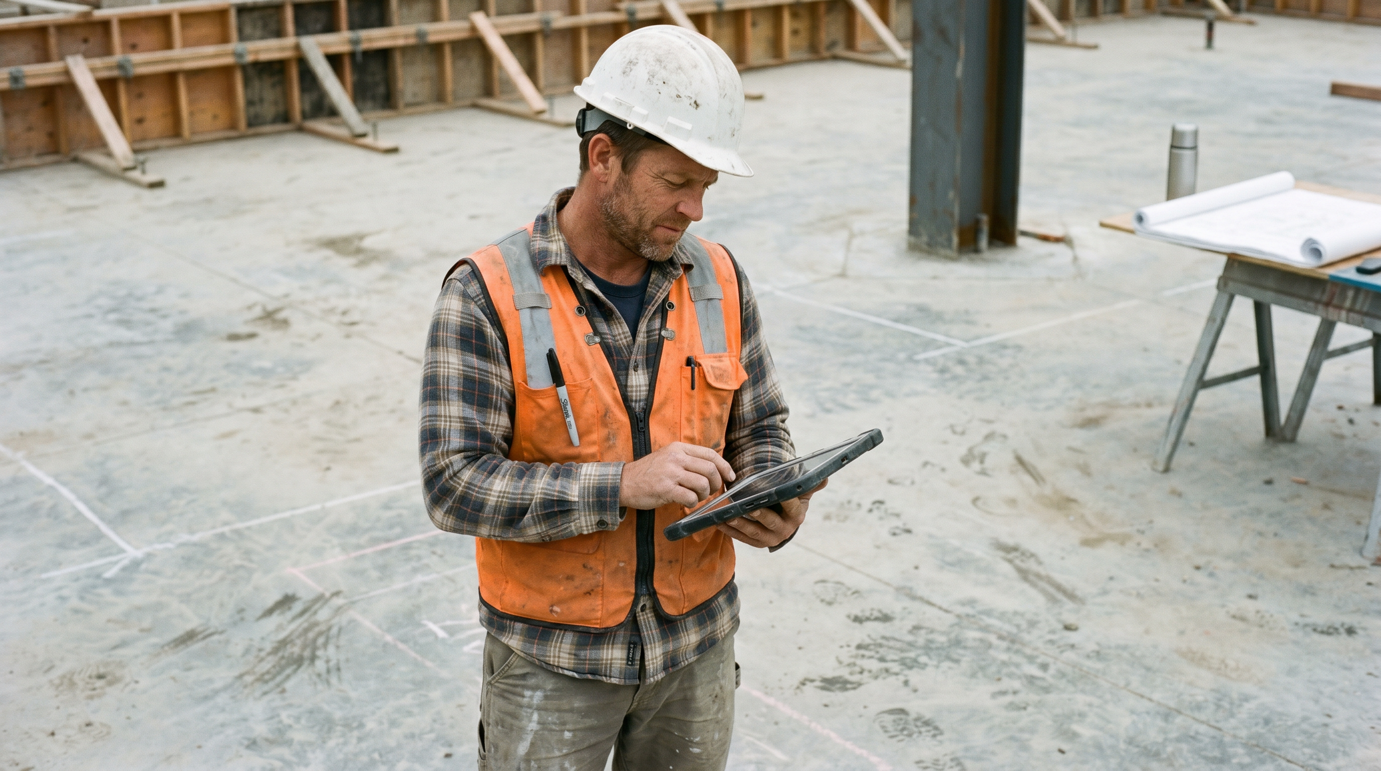 Superintendent reading spec answers from a tablet on a finished concrete deck