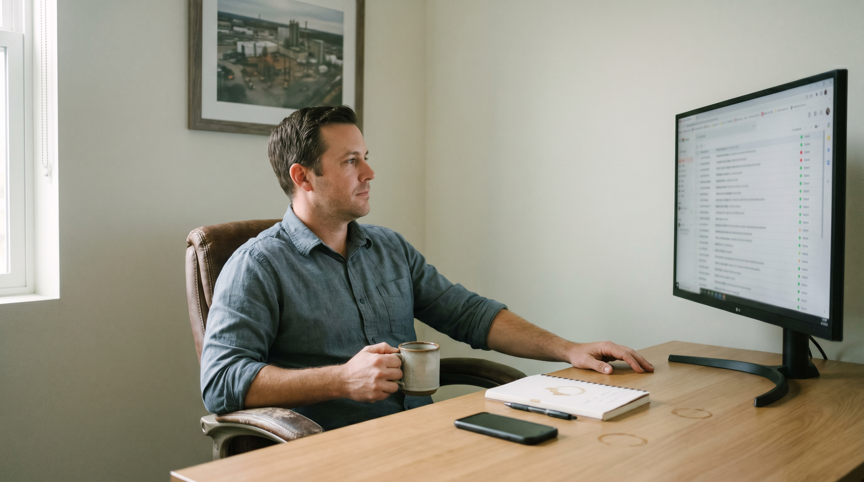 Preconstruction estimator reviewing a Strux findings log at his desk