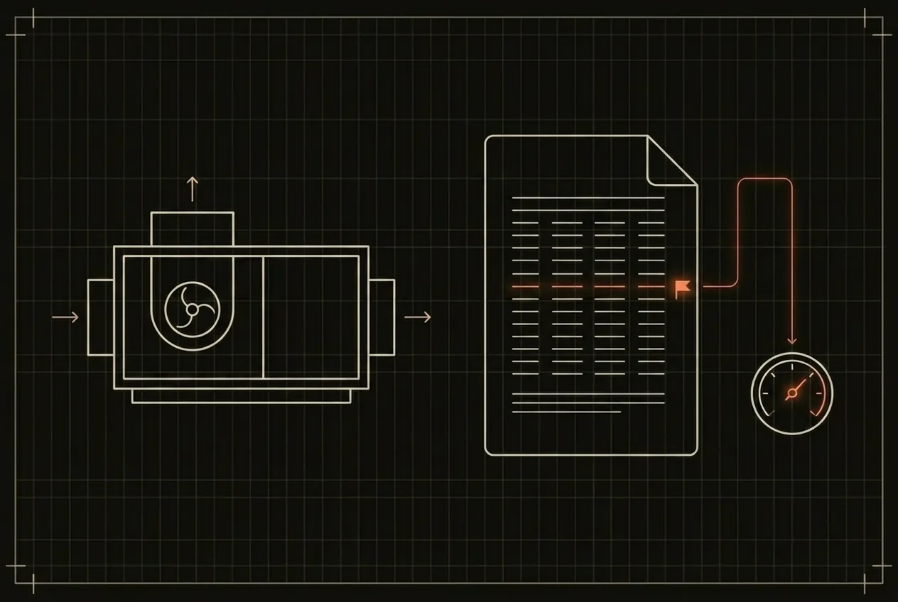Schematic: an air handling unit and a test and balance report with one flagged reading routed to a gauge