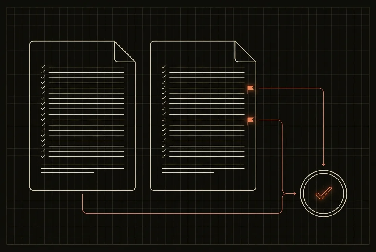 Schematic: a submittal checked line by line with two flagged rows