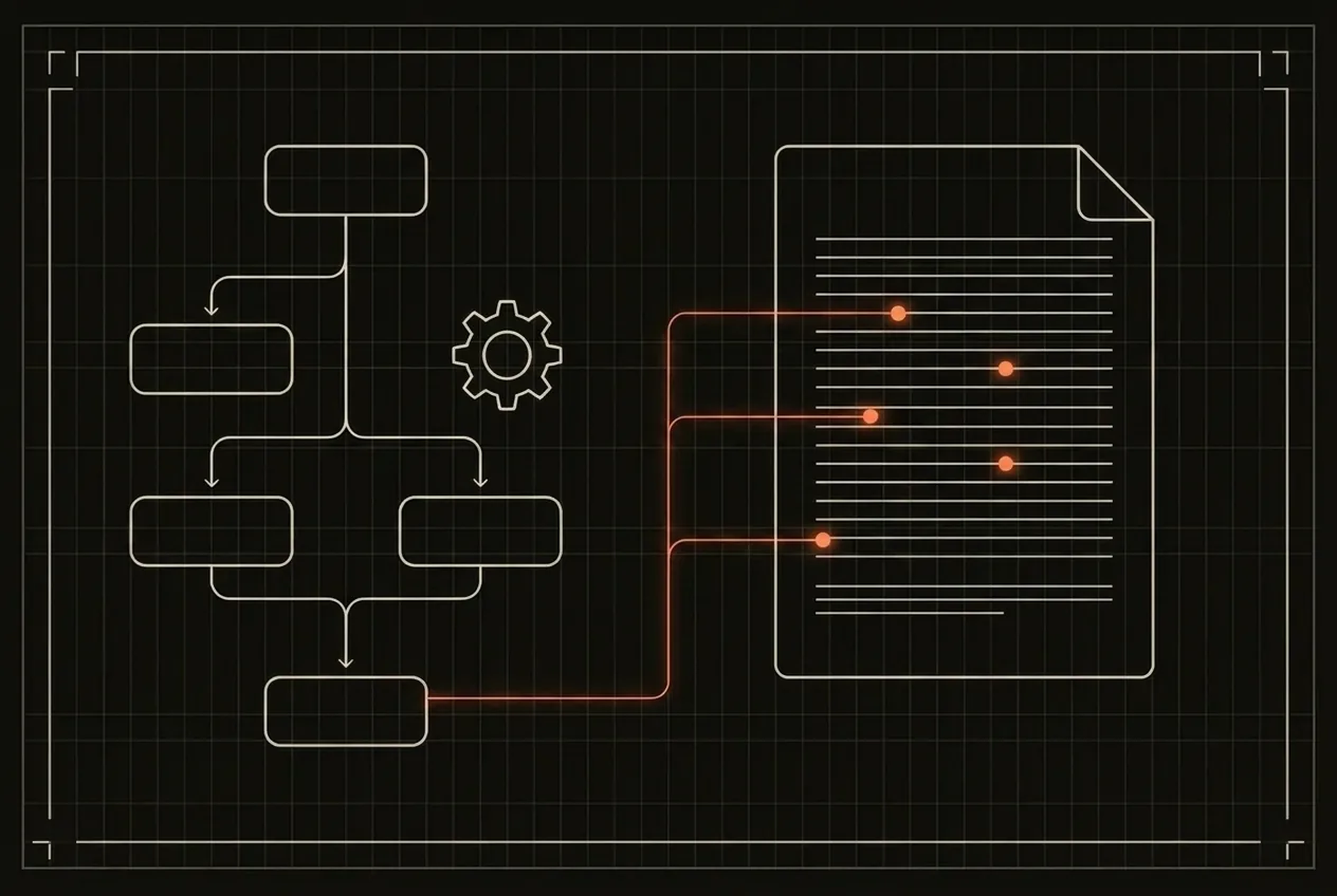 Schematic: a custom multi-step workflow with a gear, routing flagged problems back from a document sheet