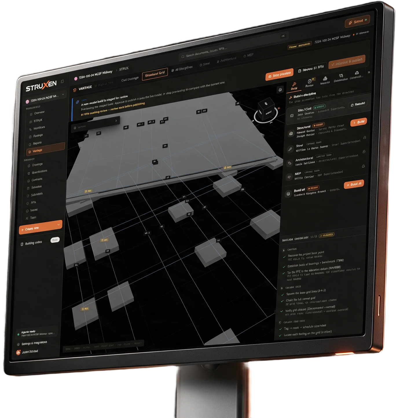The Struxen Vantage app on a desktop monitor, building a project's civil site in 3D from the drawings