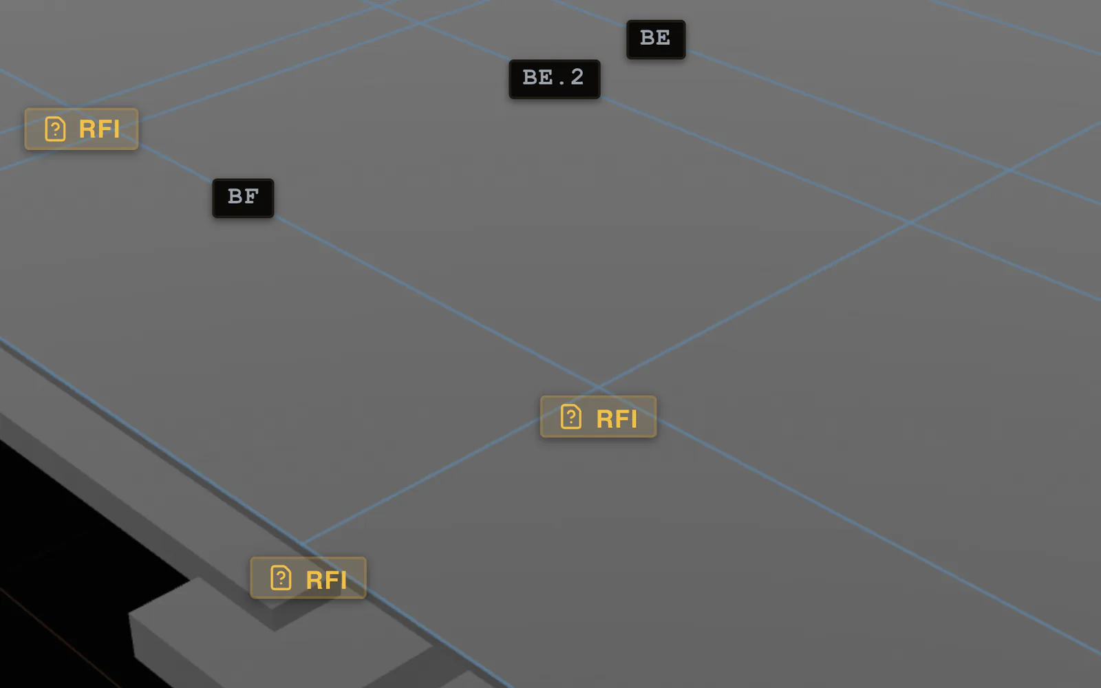 Close view of a staged VANTAGE structural model: a gray slab with blue column grid lines labeled BE, BE.2 and BF, a footing stepping off the slab edge at lower left, and three amber RFI tags where VANTAGE drafted RFIs for a person to review. Callout on one RFI tag on the model: A drafted RFI, waiting for review.