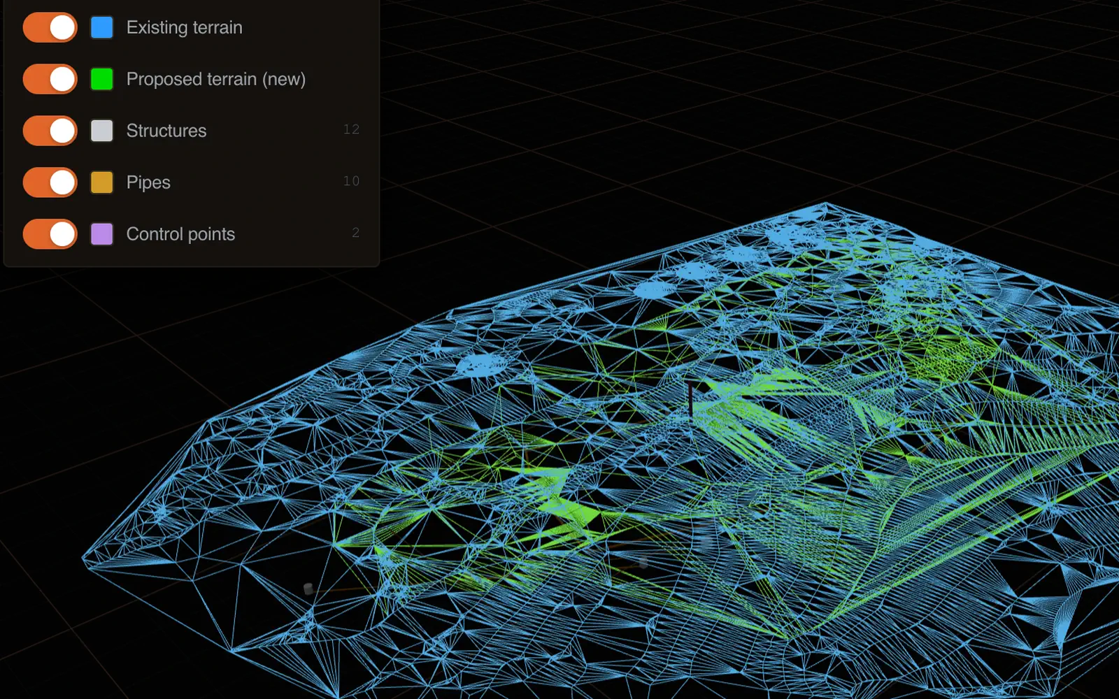 VANTAGE 3D site model built from the drawing set: the existing terrain as a blue mesh and the proposed grading in green, with a Layers panel listing existing terrain, proposed terrain, structures, pipes and control points. Callout on the blue existing-terrain mesh: Existing grade. Callout on the green proposed-grading surface: Proposed grade.