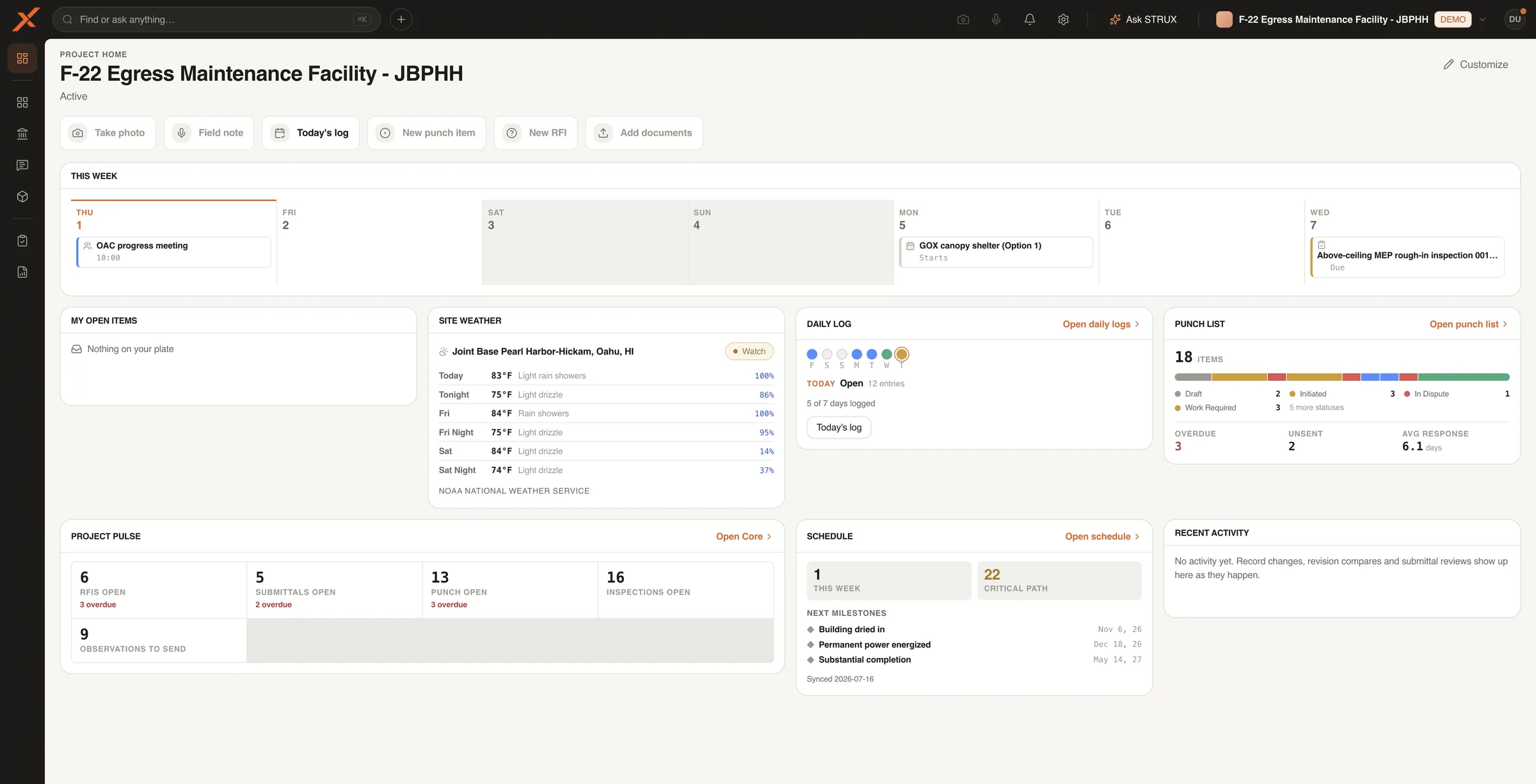 Project home for the demo project: quick actions, a seven-day strip with an OAC meeting and an inspection due, the site weather, the daily log, the punch list, open counts for RFIs, submittals, punch and inspections, and the schedule’s next milestones.