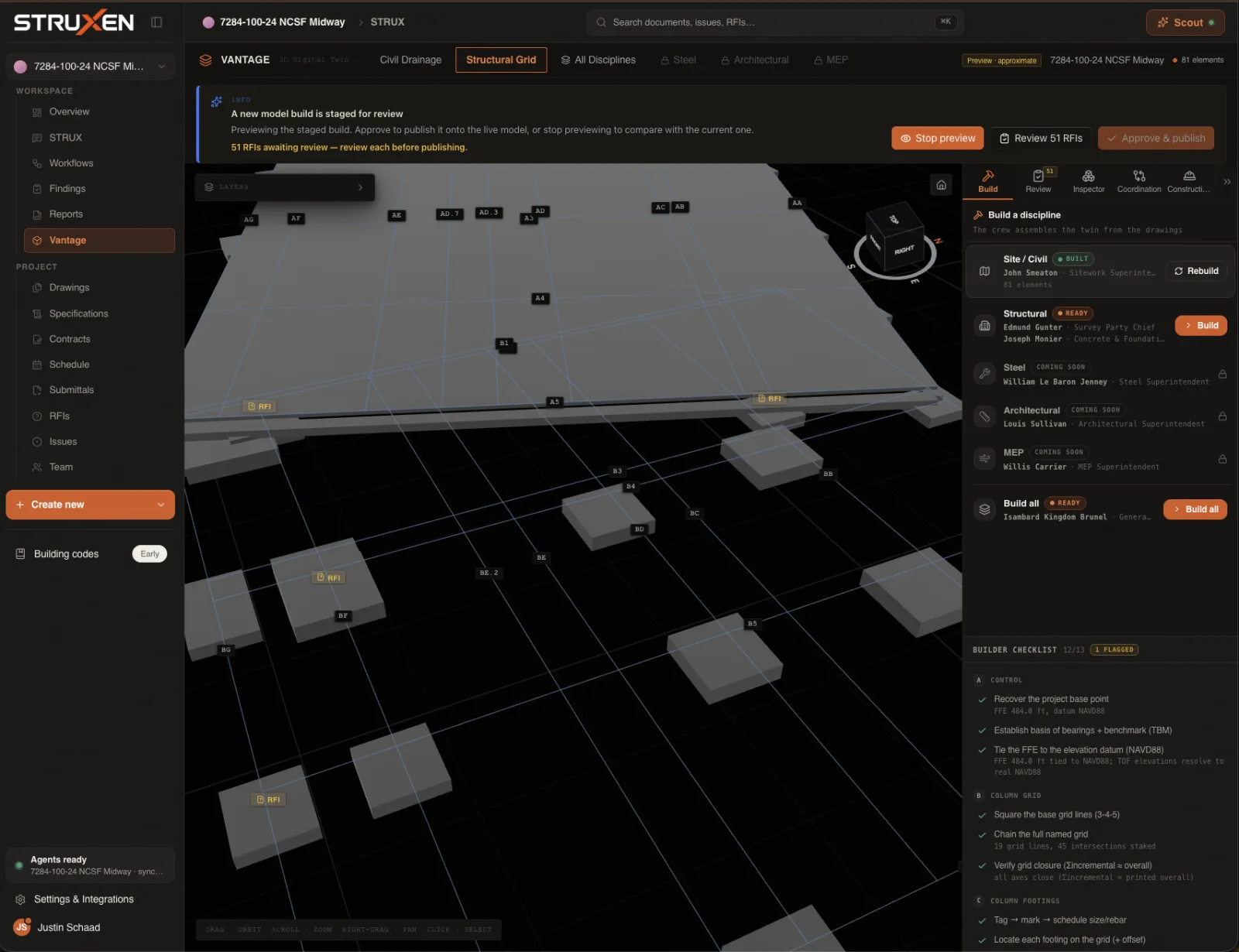 The Struxen Vantage app building a project's structural grid and foundations in 3D